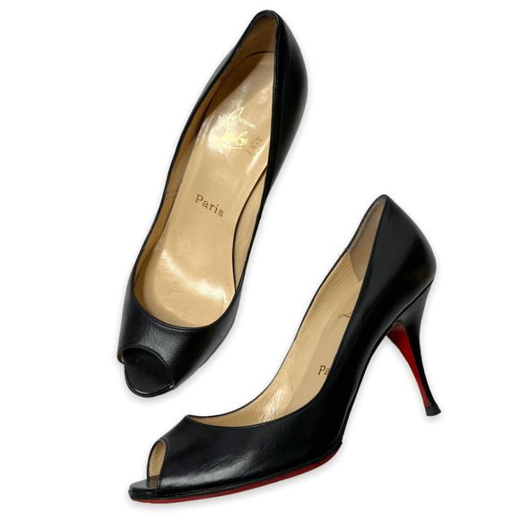 Christian Louboutin Marter Claude 85 Leather Black Pump Peep Toe Heels Size 38 - Picture 1 of 9